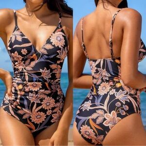 Cupshe Floral One Piece Swimsuit - Black and Orange